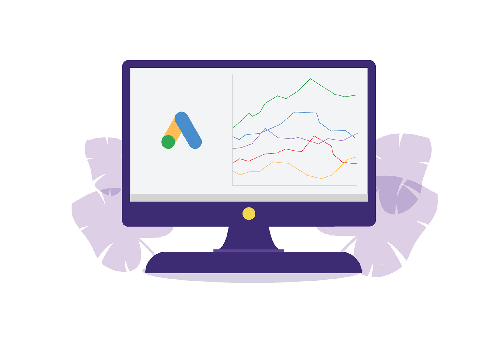 In this illustration a screen is showing some google ads tracking and analytics.