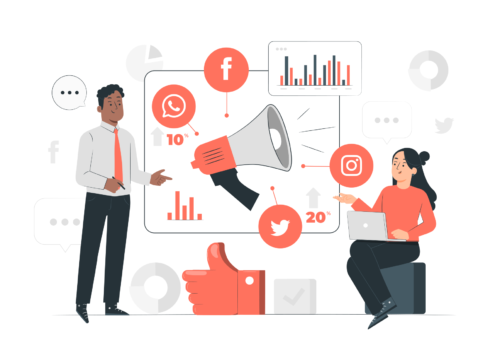 A man and woman explaining the social media strategy​ through several icons and graphics