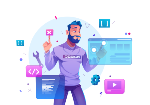 A man in purple outfit providing services of web development, graphic designing etc.