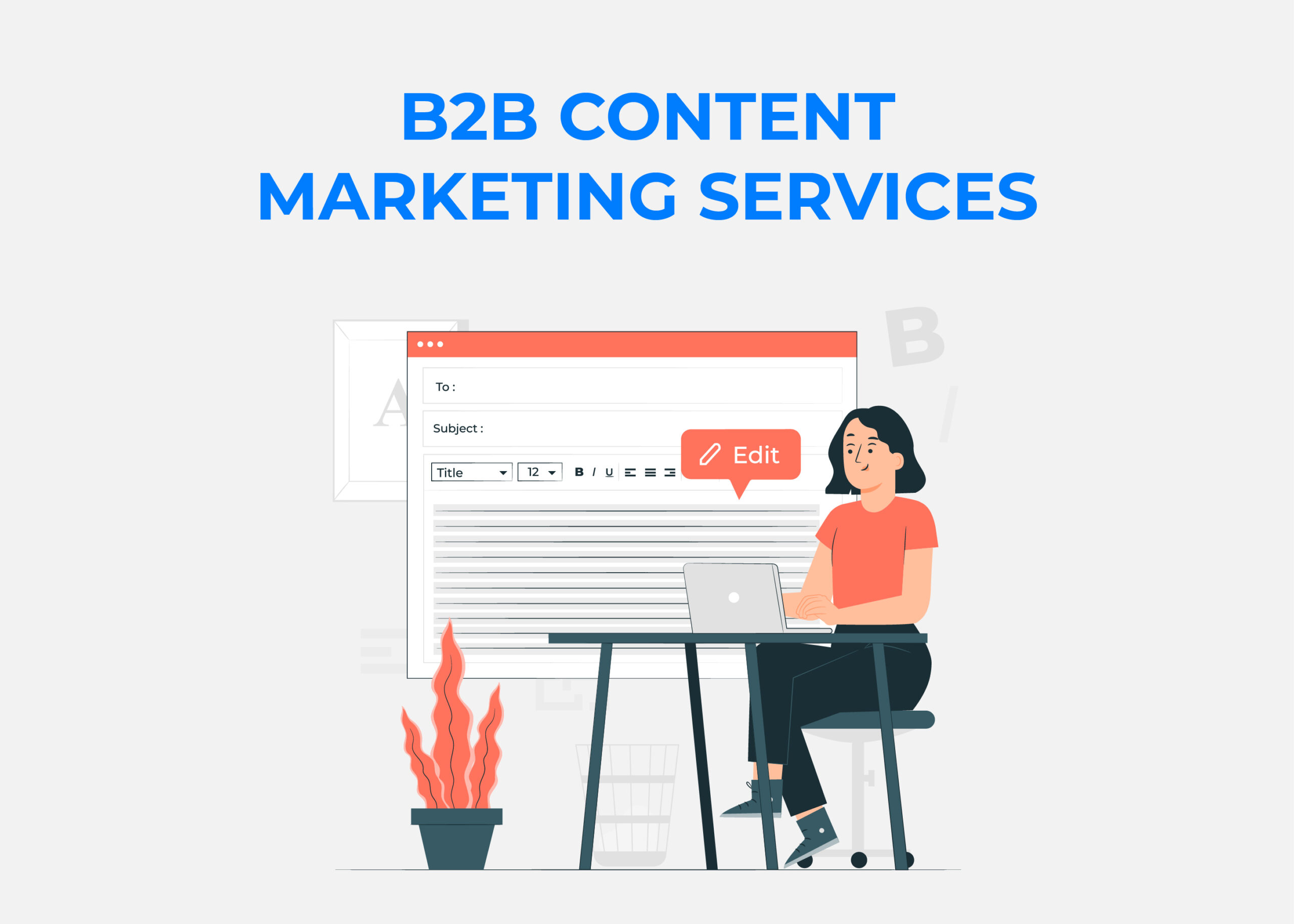 A female writer is sitting on a chair and explaining about b2b content marketing services through a slider