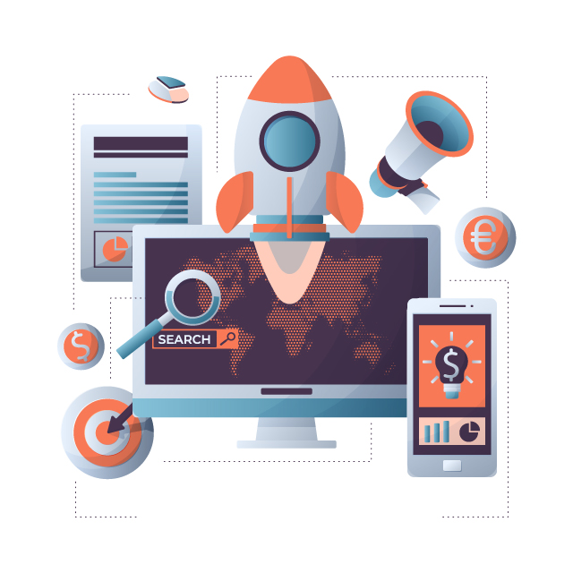 A monitor with some impressive graphical icons like a rocket, siren, mobile, and calculator to demonstrate our affordable digital marketing services in the USA