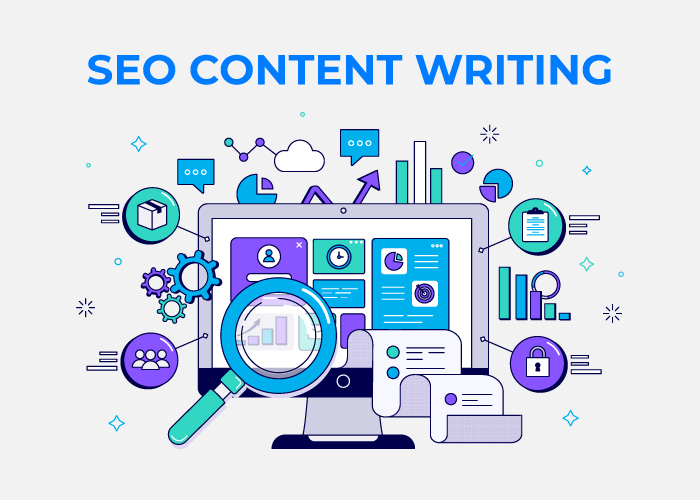 A monitor with a variety of different icons and graphics to demonstrate the SEO content writing strategies