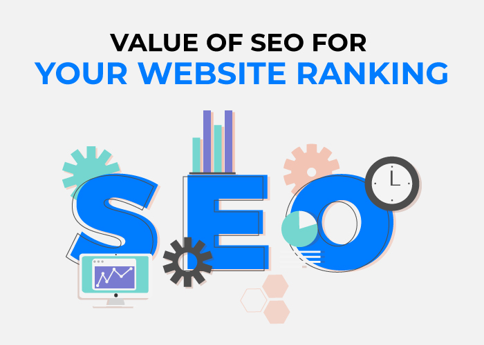 A image with three alphabets and different graphics shows that the value of SEO