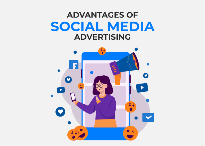 The girl on a mobile phone shows the advantages of social media advertising with different graphics