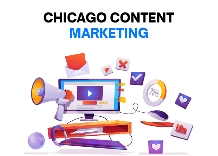 Some animated icons that shows Chicago content marketing terms.