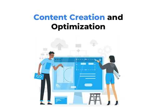 A blue illustration shows that two content marketer experts optimizing the content.