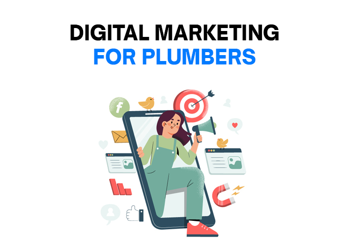 A woman in a green outfit is describing digital marketing for plumbers on a siren along with many graphical icons