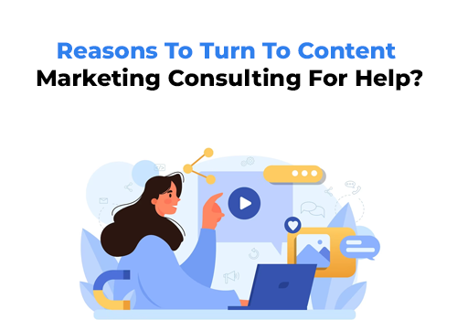 A blue illustration shows that a female content marketing expert consulting about market trends.